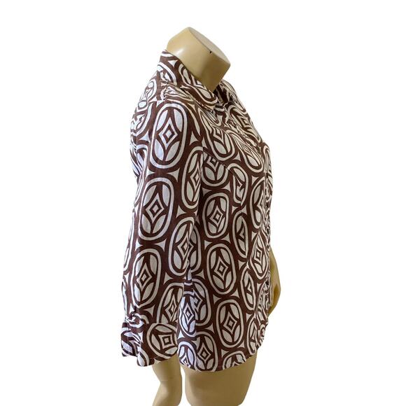 JM COLLECTION Womens Size 8 Brown White Linen 3/4 Sleeve Button Up Collar Shirt - Picture 3 of 6
